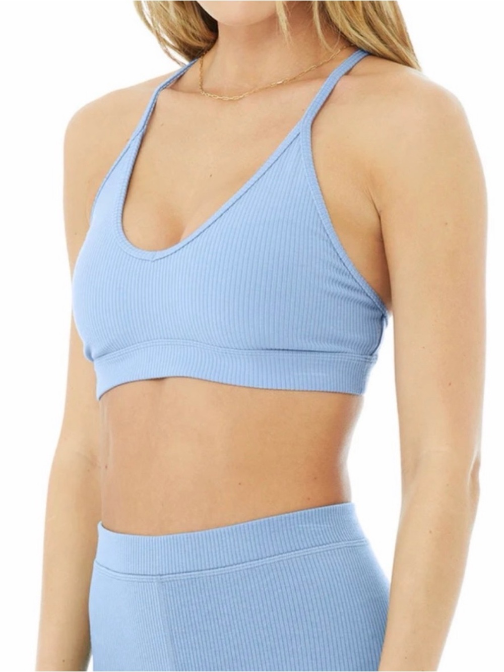 Alo Yoga Ribbed Race rack Sport Bra S Blue Skies